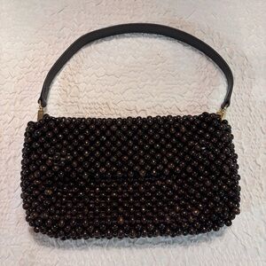 STAUD Timmy Shoulder Bag- Dark Brown Beaded Natural Wood